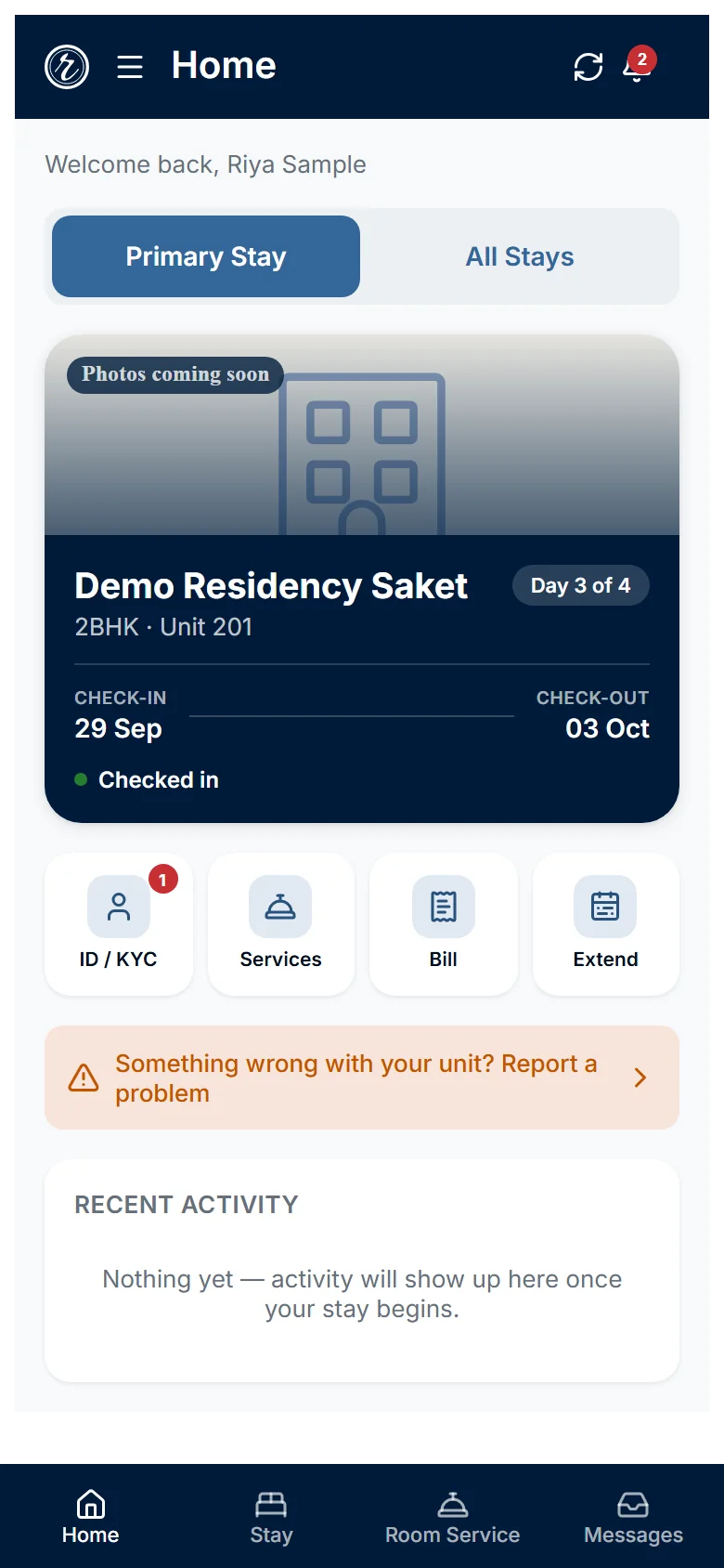 The Home tab after check-in with the ID or KYC, Services, Bill and Extend tiles