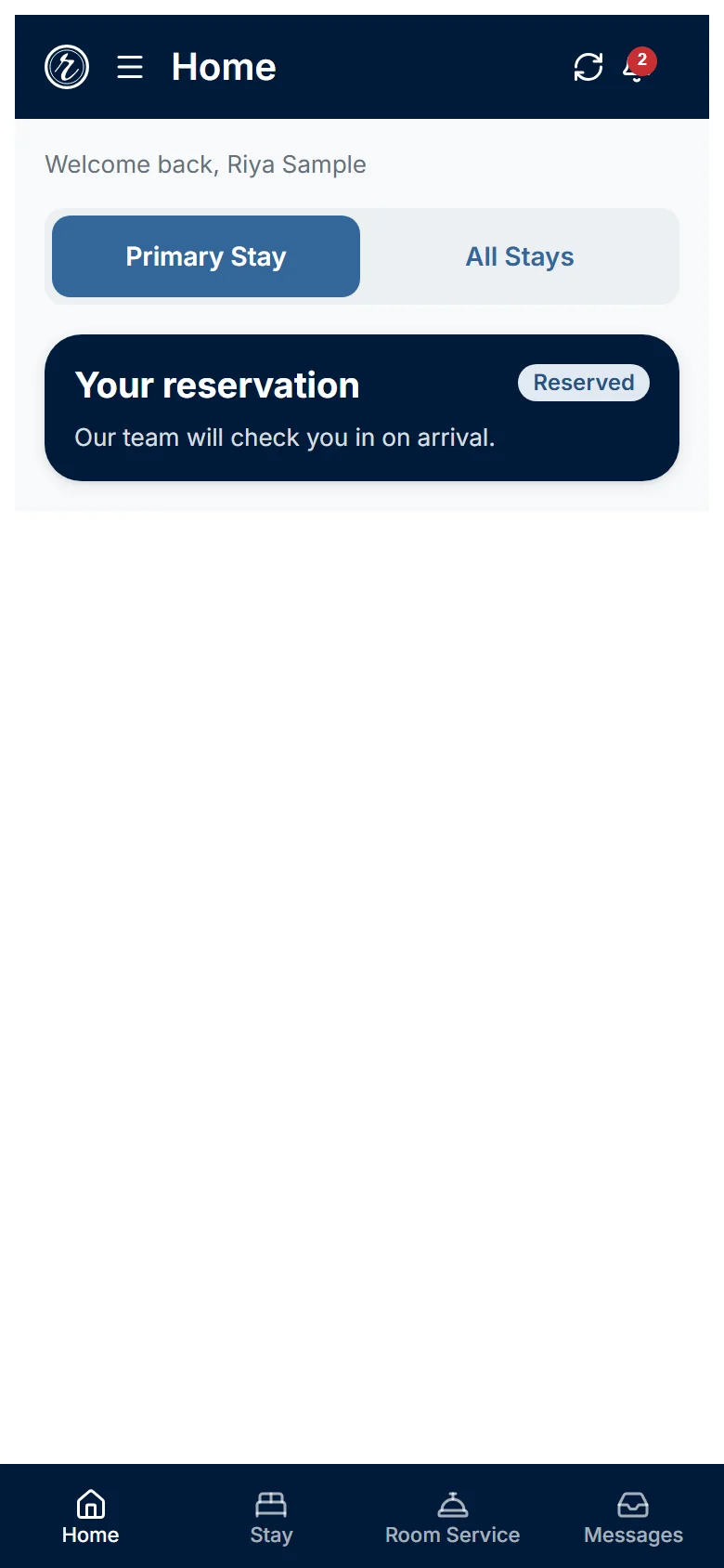 The Home tab on a Reserved stay showing the message that the team will check you in on arrival