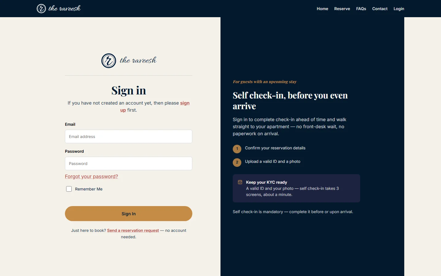 The Sign in page with the Email and Password fields