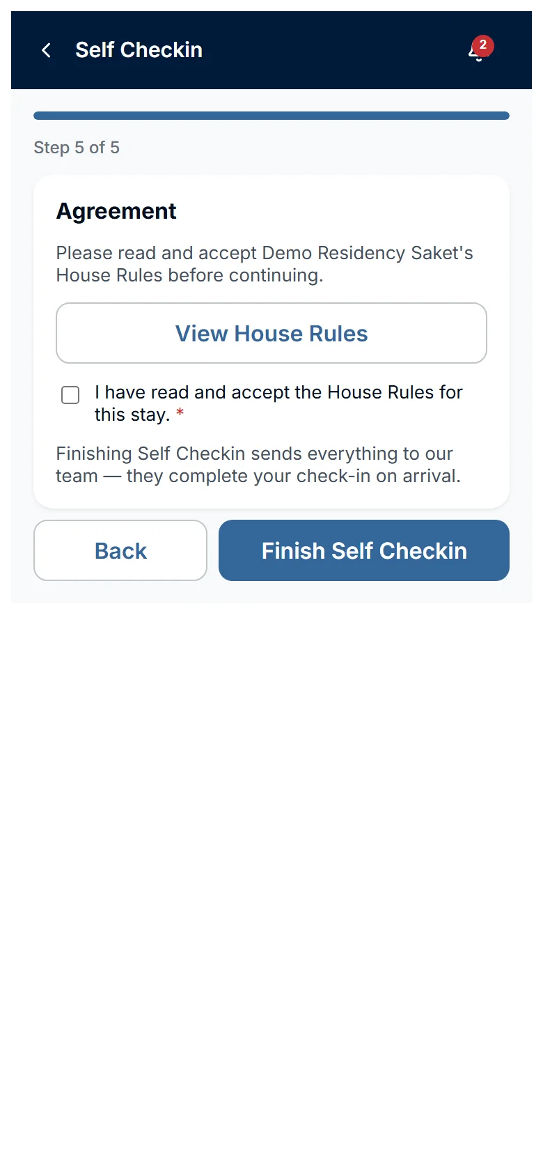The Agreement step with the House Rules tick box and the Finish Self Checkin button