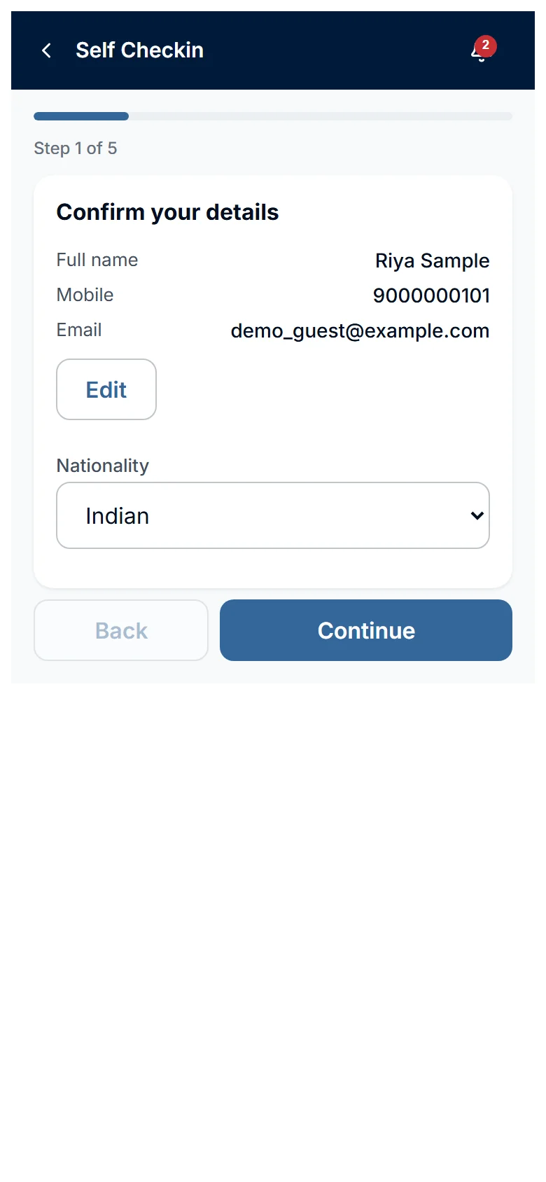 The Confirm your details step with your contact details and Nationality