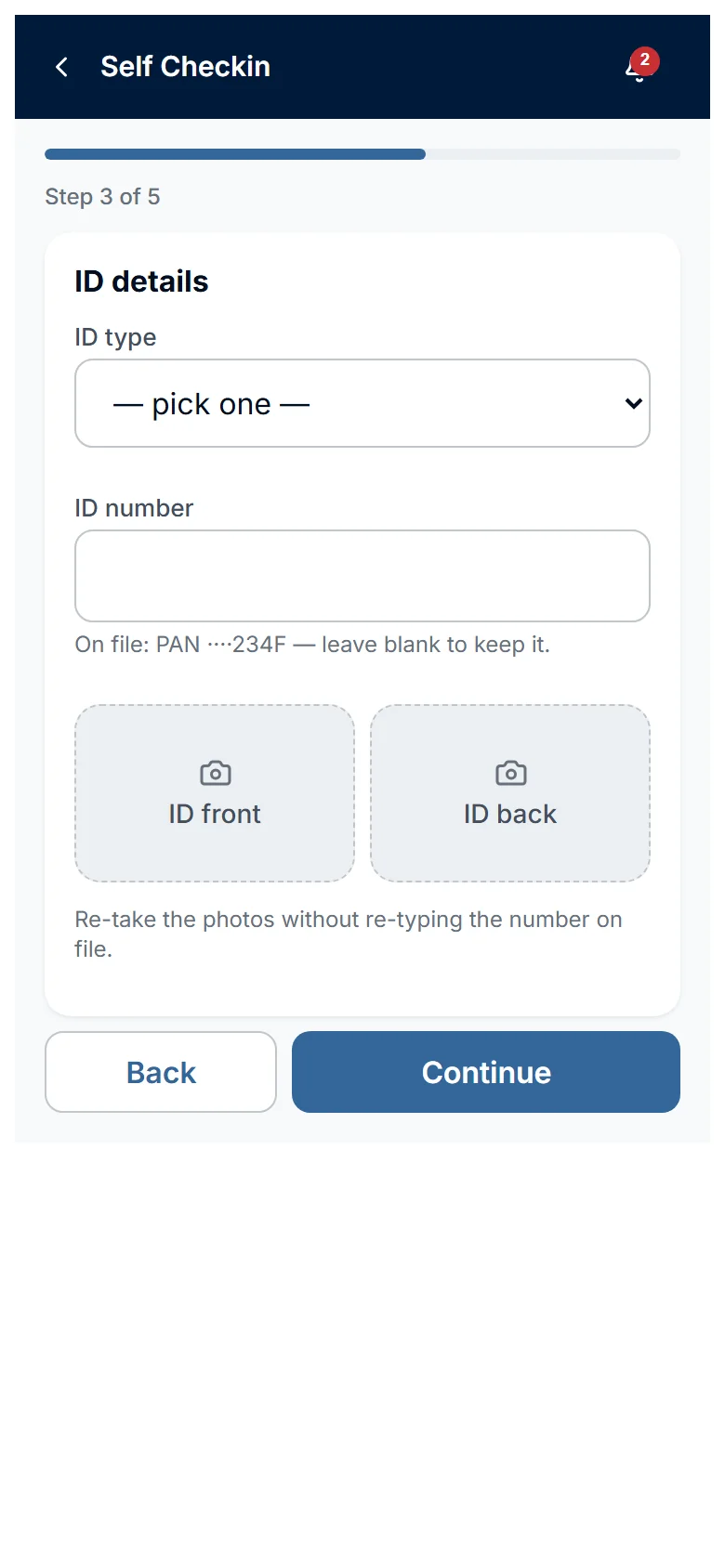 The ID details step with ID type, ID number and the two photo buttons