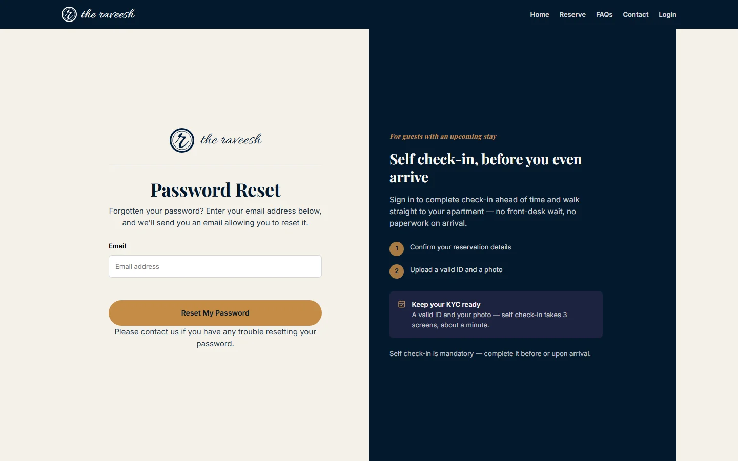 The Password Reset page asking for your email