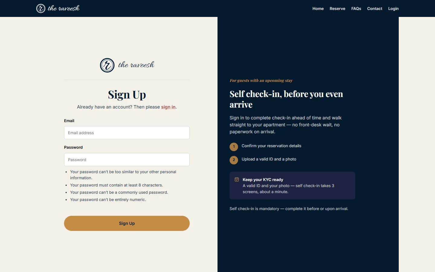 The Sign Up page with Email and Password fields