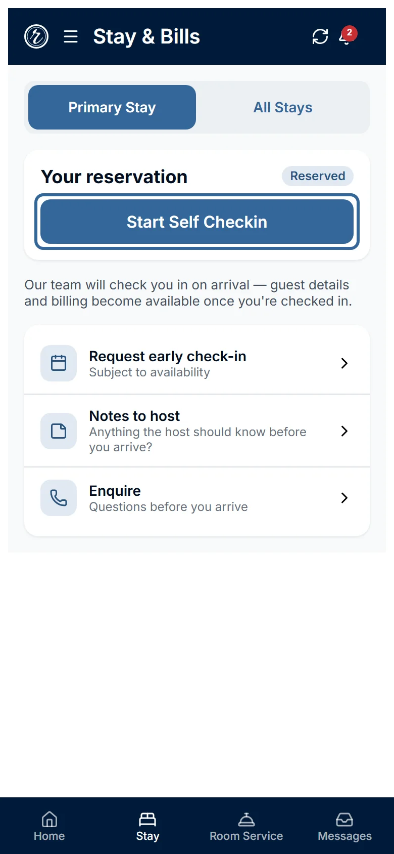 The Stay tab on a Reserved stay with the Start Self Checkin button