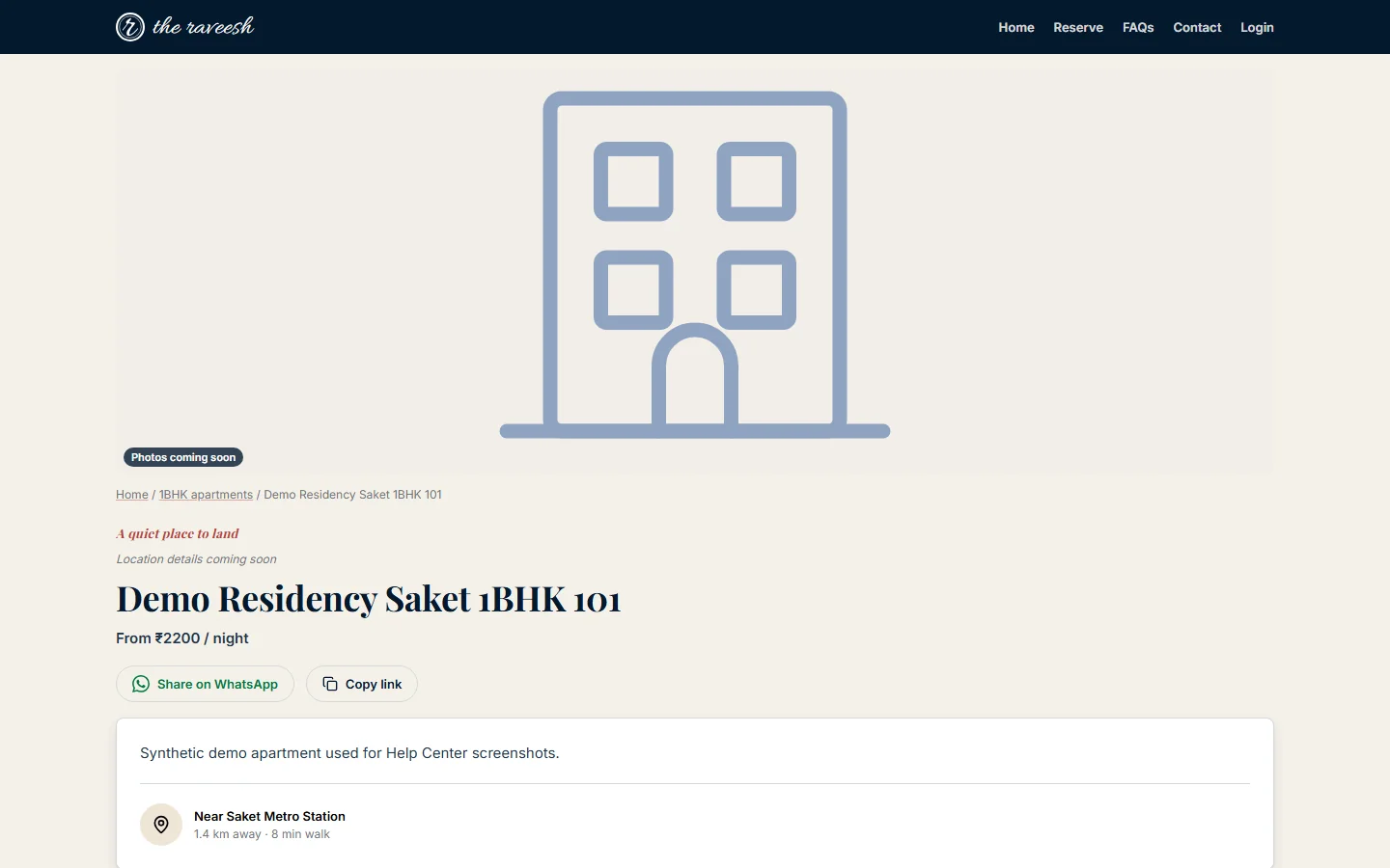 An apartment detail page with photos, the price and the Reserve button
