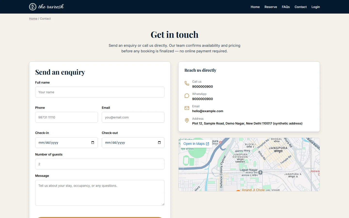 The Contact page with the enquiry form